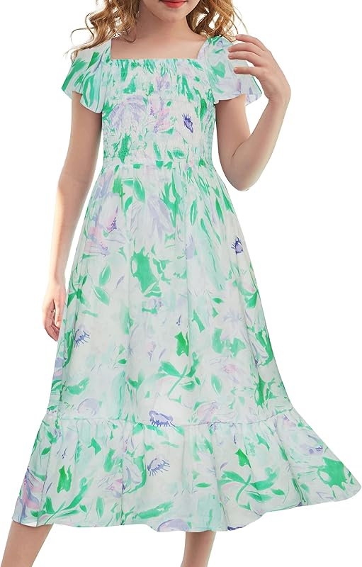 GRACE KARIN Girls Floral Dress Flutter Sleeve Square Neck Tiered Midi Dress Smocked Flared A-line Dress 5-14Y
