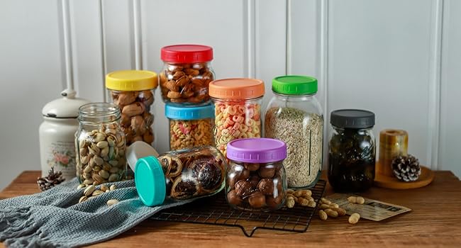 18 Pack 9 Wide Mouth & 9 Regular Mouth Mason Jar Lids with Silicone Rings,Thickened Leak-proof Lids Fit Ball,Kerr and More, 18 Color Plastic Lids, 86mm &70mm Plastic Mason Jar Lids