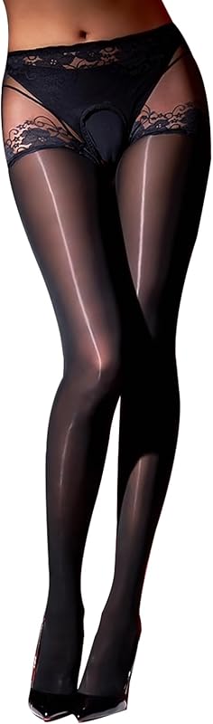 Women's Oil Shiny Pantyhose Lace Crotch High Waist Stockings Tights Oil Shimmer Tights Ultra Silky 8 Denier