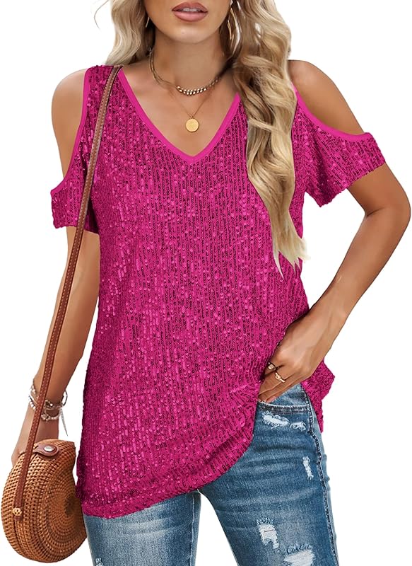 Sequin Tops Women Sparkly Shirt: Party Top Sparkle Shirts Glitter Cold Shoulder V Neck Blouses Evening Club Outfits