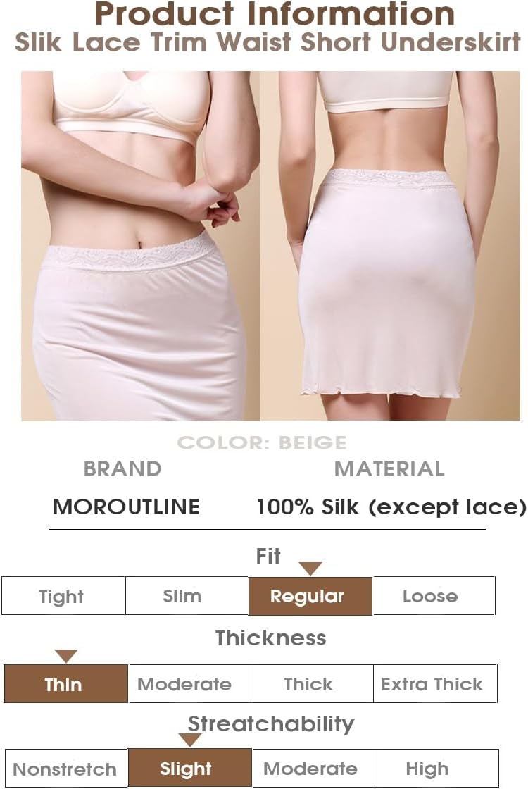 Women's Silk Half Slip Lace Trim Waist Short Underskirt Anti Cling Seamless Under Dress