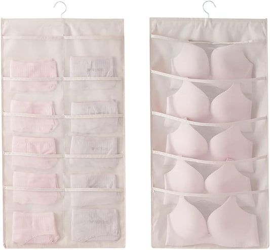Enlarged Closet Hanging Bra Organizer with Rotating Metal Hanger, Dual Sided Wall Shelf Wardrobe Mesh Pockets Hanging Storage Bag for Bra Socks Underwear Underpants