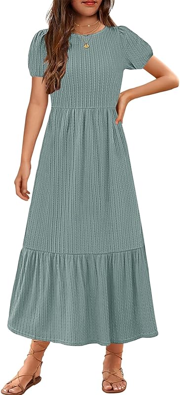 YOVION Girls Maxi Dress Summer Puff Sleeve Crew Neck Tiered Flowy Casual Holiday Dresses with Pockets for 6-12 Y