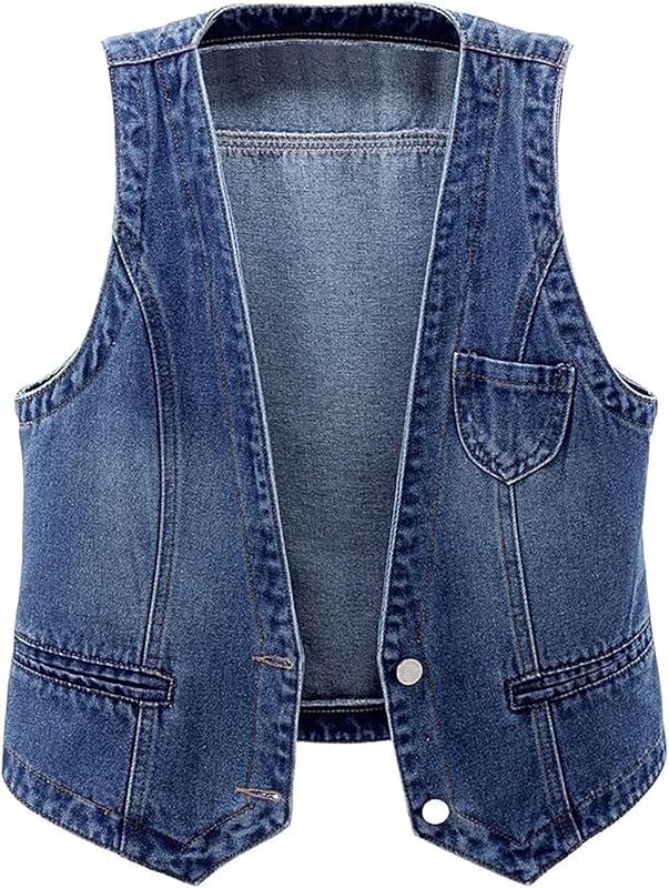Womens Sleeveless Denim Vest V Neck Button Down Jean Waistcoat Y2K Casual Trendy Loose Fit Lightweight Jackets with Pockets