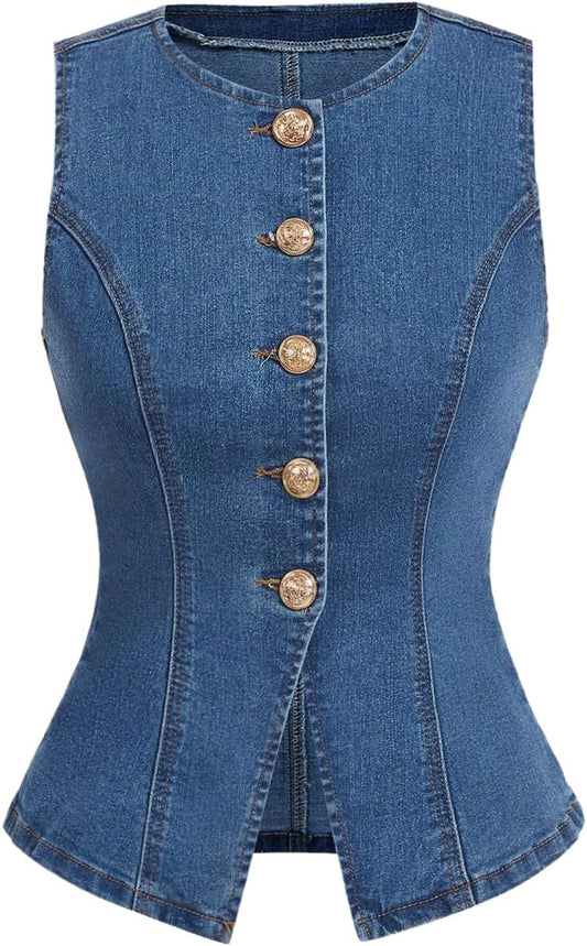 MakeMeChic Women's Denim Vest Top Summer Button Down Sleeveless Jean Jacket Crew Neck Waistcoat