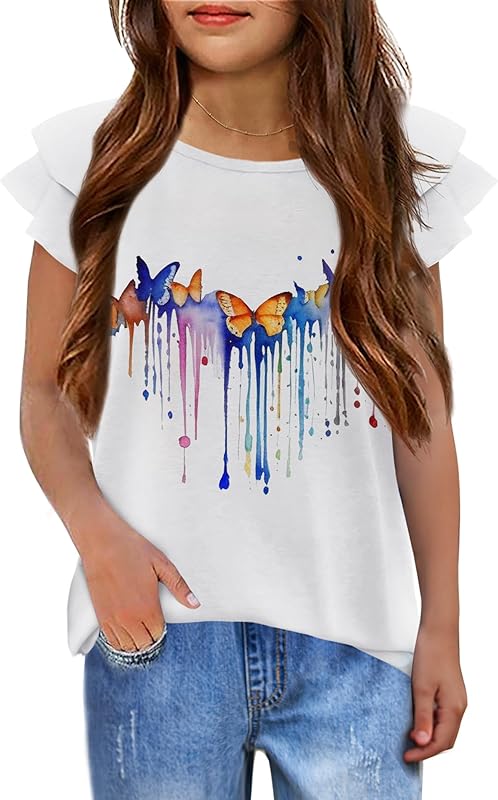 Girls T Shirts Ruffle Short Sleeve Round Neck Loose Blouse Summer Solid Color Casual Girl Tee Tops for 3-12 Years