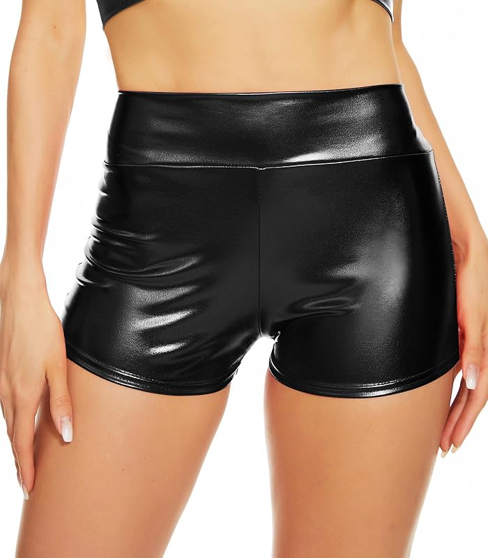 Vinaderhom Women's Metallic Booty Shorts Shiny High Waisted Rave Bottoms for Dance Festival
