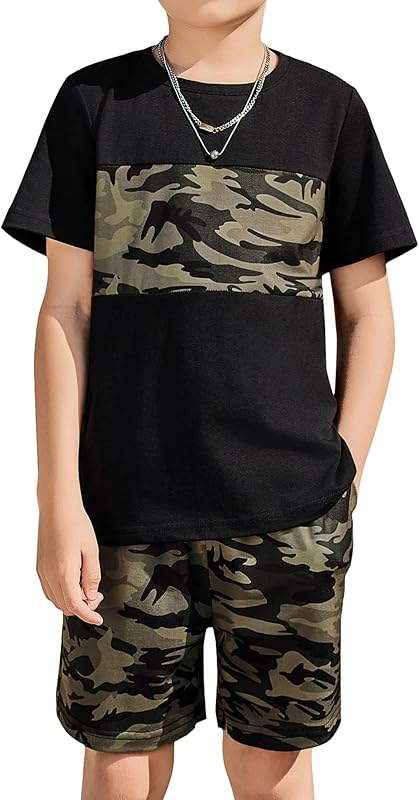 Arshiner Boys' 2-Piece Cotton Outfit Color Block T-Shirt and Shorts Set Casual Summer Clothes for Kids 6-14 Years