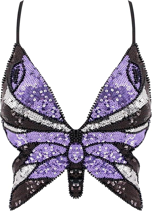 Mocure Womens Glitter Sequin Butterfly Crop Top Low-Cut Tank Top Rave Tube Vest Top for Belly Dance Costume Outfits