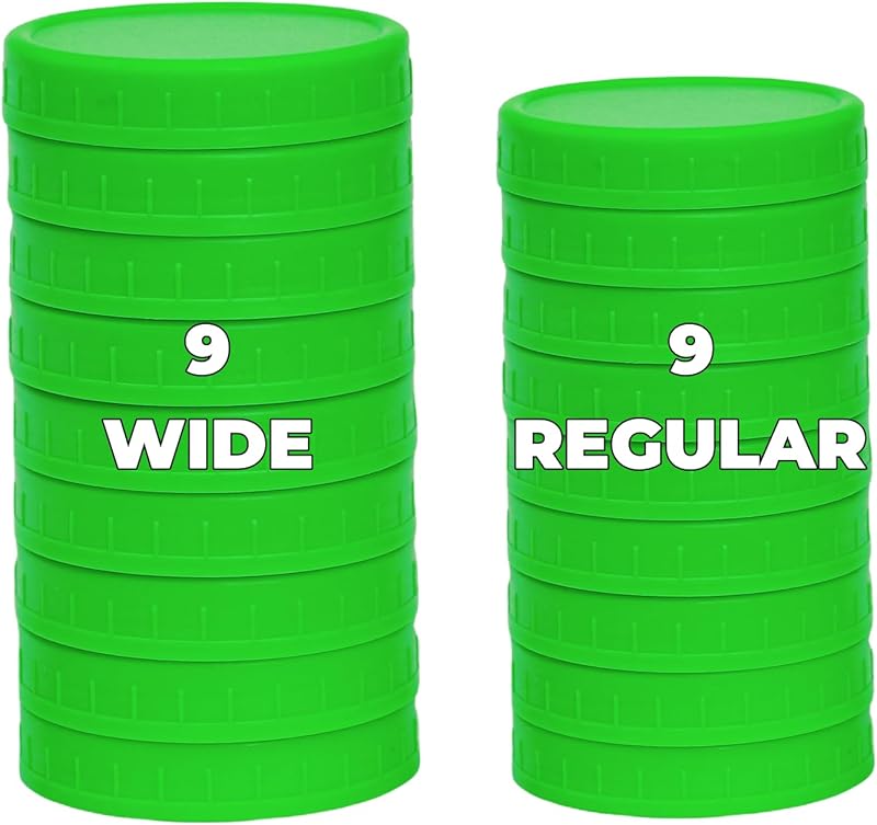 18 Pack 9 Wide Mouth & 9 Regular Mouth Mason Jar Lids with Silicone Rings,Thickened Leak-proof Lids Fit Ball,Kerr and More, 18 Color Plastic Lids, 86mm &70mm Plastic Mason Jar Lids