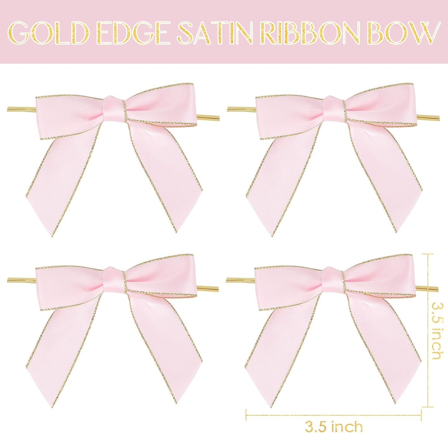 AIMUDI Pink Bows 3.5" Premade Satin Ribbon Bows with Gold Edge Pre-Tied Twist Tie Bows for Gift Wrapping Crafts Treat Bags Baby Shower Wedding Party Decorations, 50 Counts