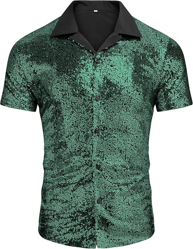 AstoSeu Men's Sequin Dress Shirt 70s Disco Costume Sparkle Party Short Sleeve Button Down Shirts