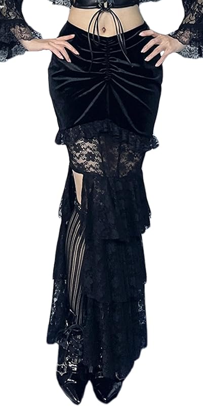 FEOYA Gothic Mini/Long Skirt for Women Sexy Pleated/Lace/Split/Fishtail Punk Skirt for Halloween/Streetwear/Party/Casual XS-XL