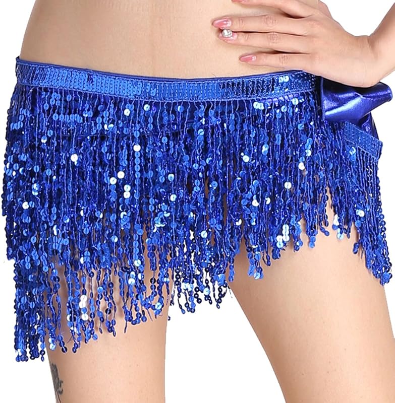 MUNAFIE Sequin Tassel Hip Scarf Sequin Tassel Skirts Rave Fringe Hip Scarf for Festival Belly Dance Skirt
