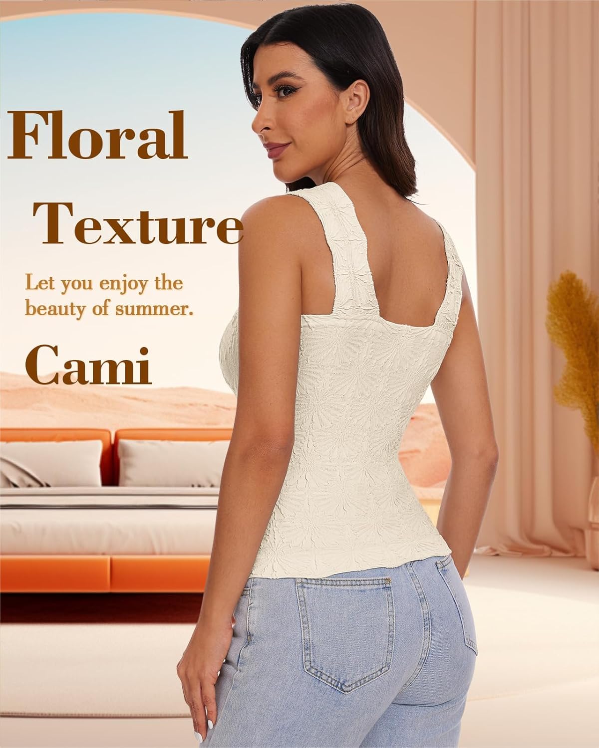 Women's Square Neck Wide Strap Crop Tank Tops Slim Fit Sleeveless Going Out Top Flower Lettuce Trim Cami Tops
