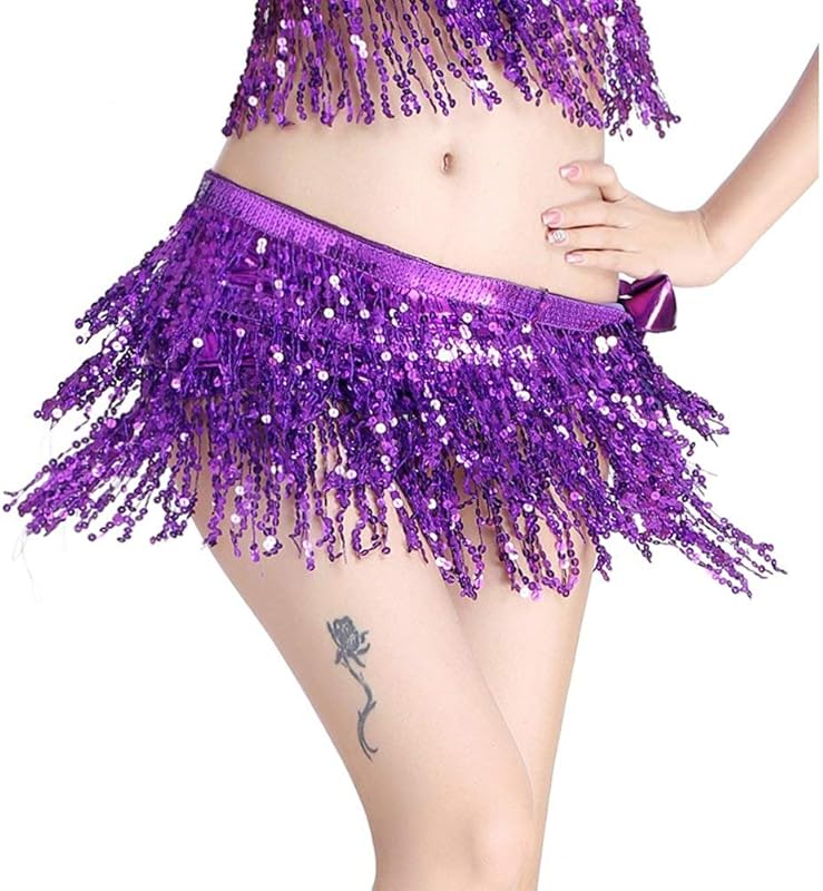 MUNAFIE Sequin Tassel Hip Scarf Sequin Tassel Skirts Rave Fringe Hip Scarf for Festival Belly Dance Skirt