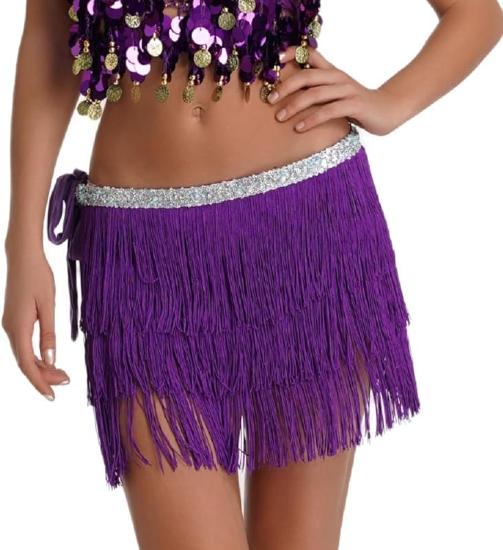 Women Belly Dance Skirt Tassel Fringe Skirts Sparkly Sequin Hip Scarf Party Costume