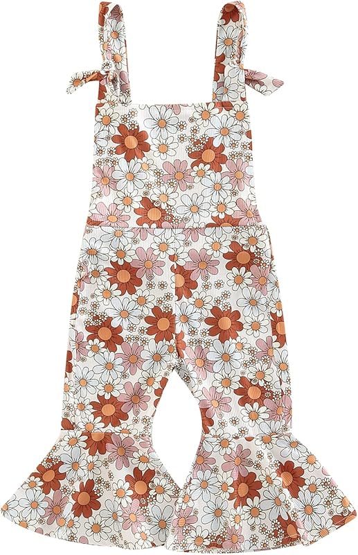 Emmababy Baby Girl Bell Bottoms Romper Toddler Floral Overalls Suspender Flare Pants Sleeveless Strap Jumpsuit Fall Clothes