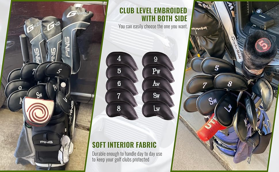 Premium Magnetic Leather Iron and Wedge Golf Club Head Covers | Set of 10 | Fits Most Clubs | Embroidered Club Label on Both Sides of Club Head Cover