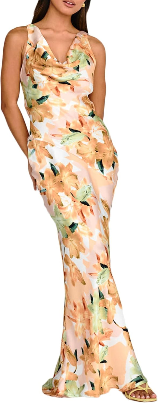Satin Cowl Neck Sleeveless Backless Maxi Wedding Guest Dress Silk Open Back Tie Back Prom Formal Dresses for Women 2025