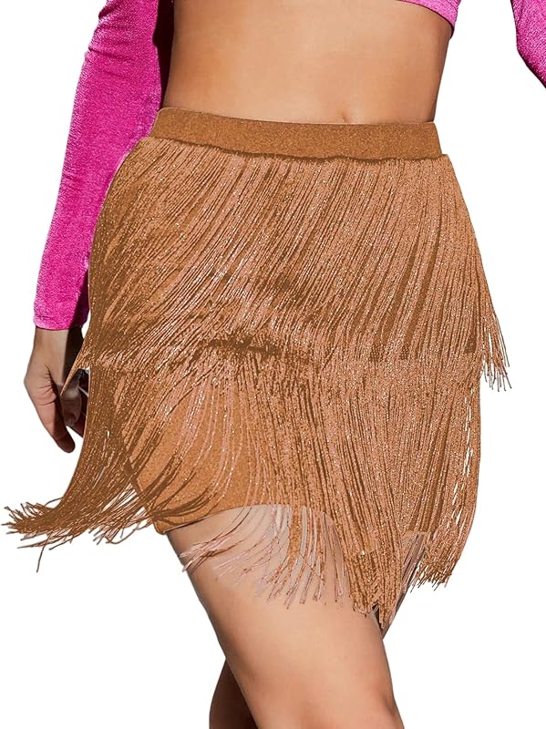 WDIRARA Women's Fringe Skirt High Waisted Tiered Dance Party Layered Swing Mini Skirt