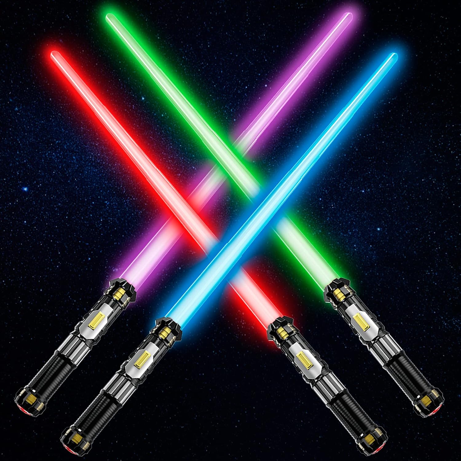 4 Pack Light up Sword Saber with FX Sound (on - Off Control) and Full Retractable Handle, 4 Colors LED Glow in The Dark Toy for Kids Adult - TrendyLookz