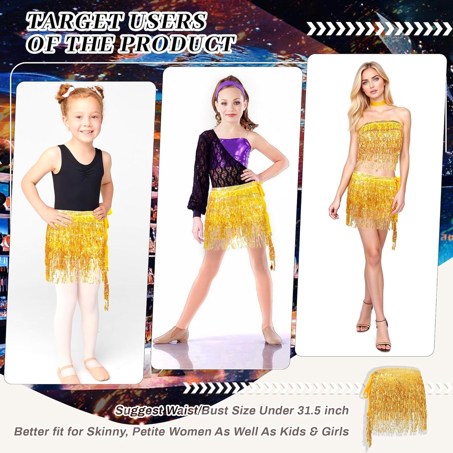 Sequin Skirts for Women (Waist/Bust Under 31.5"), Sparkly Skirts for Girls 2 Piece Set, Tassel Skirt for Kids, 2Pack