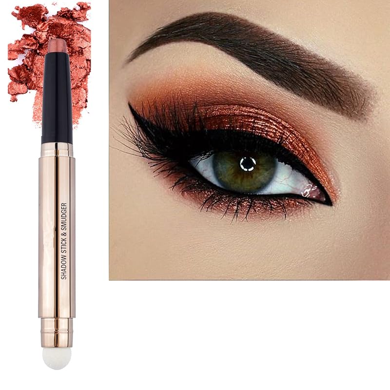 2 in 1 eyeshadow stick and Sponge Makeup Brush, Smooth Cream Shimmer Shadow Pencil Long Lasting Waterproof Eye Shadow Highlighter Stick Makeup , Hypoallergenic Highlighter Multi-Dimensional eyes Look