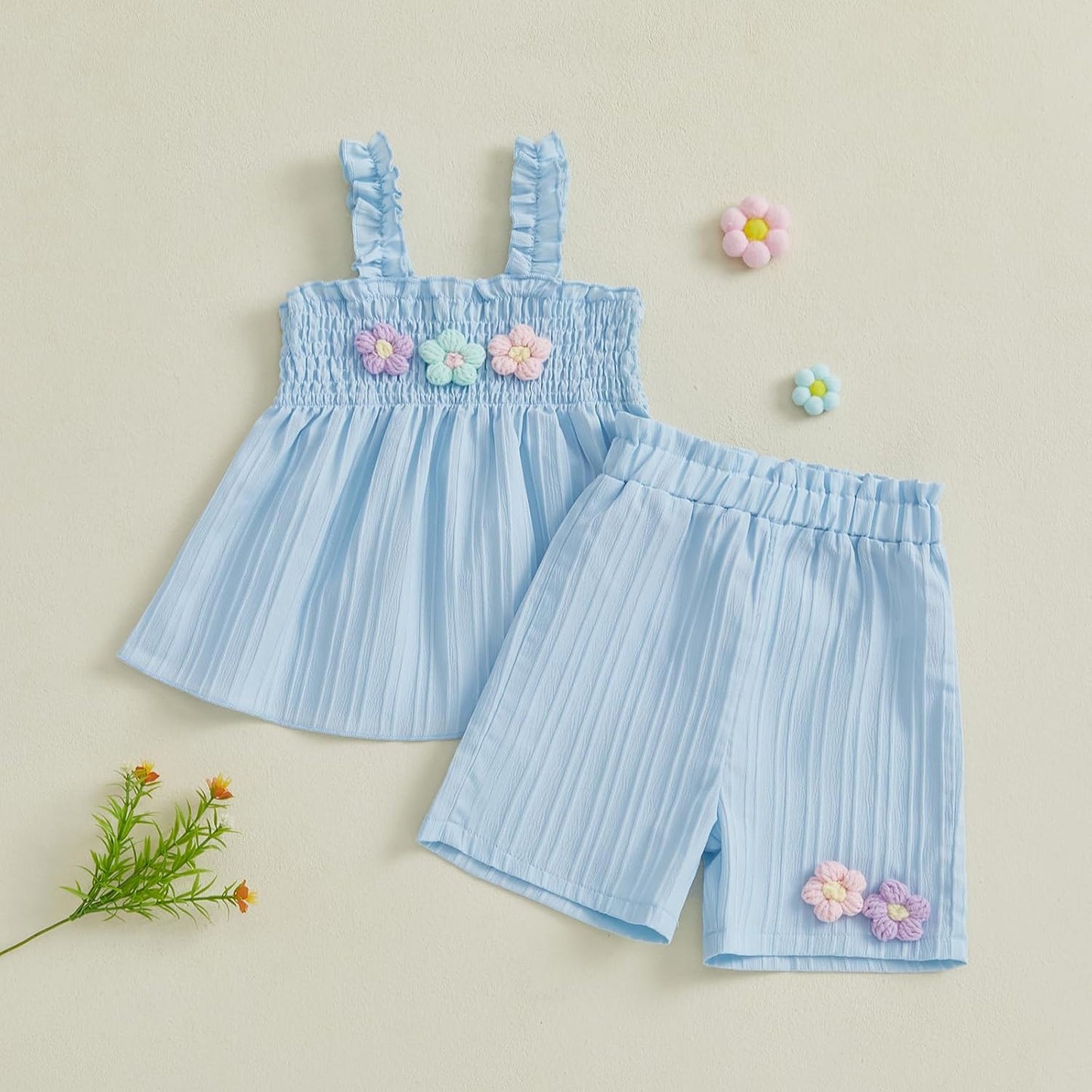 Toddler Baby Girl Summer Outfit 3D Flower Embroidery Smocked Sleeveless Tops Elastic Waist Shorts 2Pcs Clothes Set