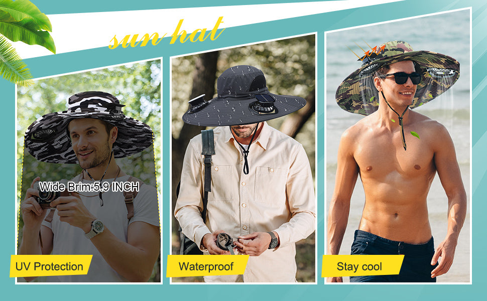Berlune Men Sun Hat with 2 Solar Fan Fishing Wide Brim Sun Hat for Outdoor Summer Camping Beach, USB & Solar Powered