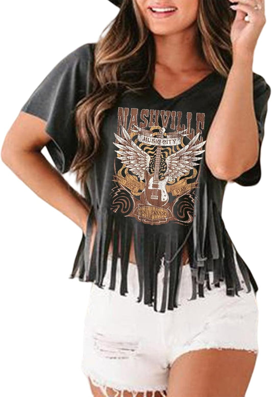 Nashville Tshirt for Women Country Concert Fringe Tops Country Music Shirts Short Sleeve Cowgirl Graphic Tees
