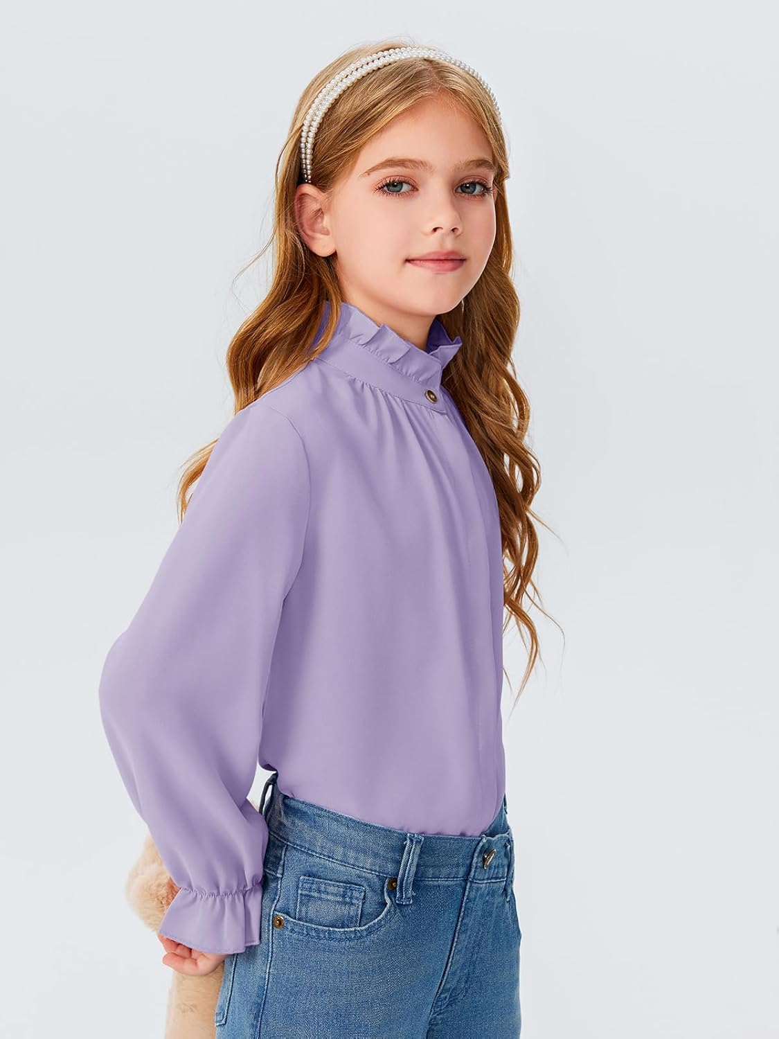 Haloumoning Girls Ruffle Long Sleeve Blouse Kids Button Down Uniform Dress Shirts 5-14 Years