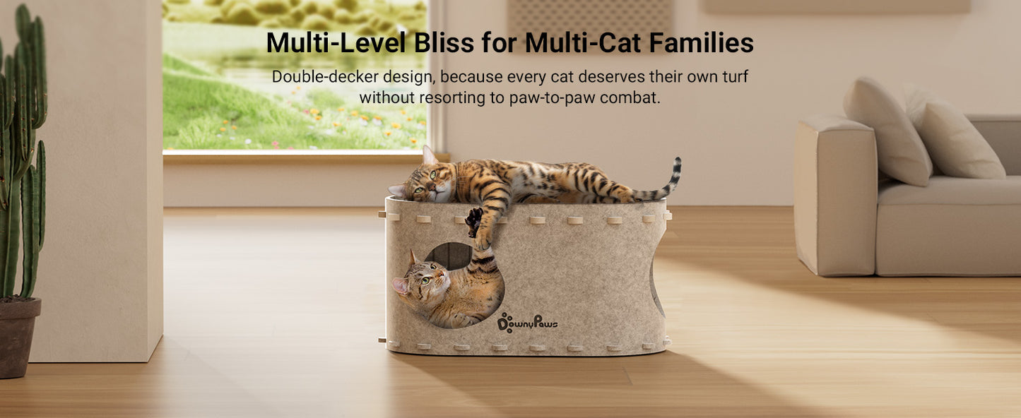 DownyPaws Cat House for Indoor Cats, Cat Bed Cave for Multiple & Large Cats Up to 22 Lbs, Scratch Resistant Peekaboo Cat Caves, Foldable Cat Tunnel Enclosed Bed, PeekaPurr, Cream