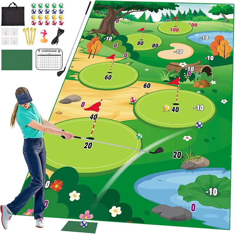 VATOS Golf Chipping Game Mat with Club, Golf Practice Mats Golf Training Mat Indoor Outdoor for Kids Adults Family, Golf Hitting Mat with 20 Balls, Play Equipment Stick Chip Golf Set Backyard Game