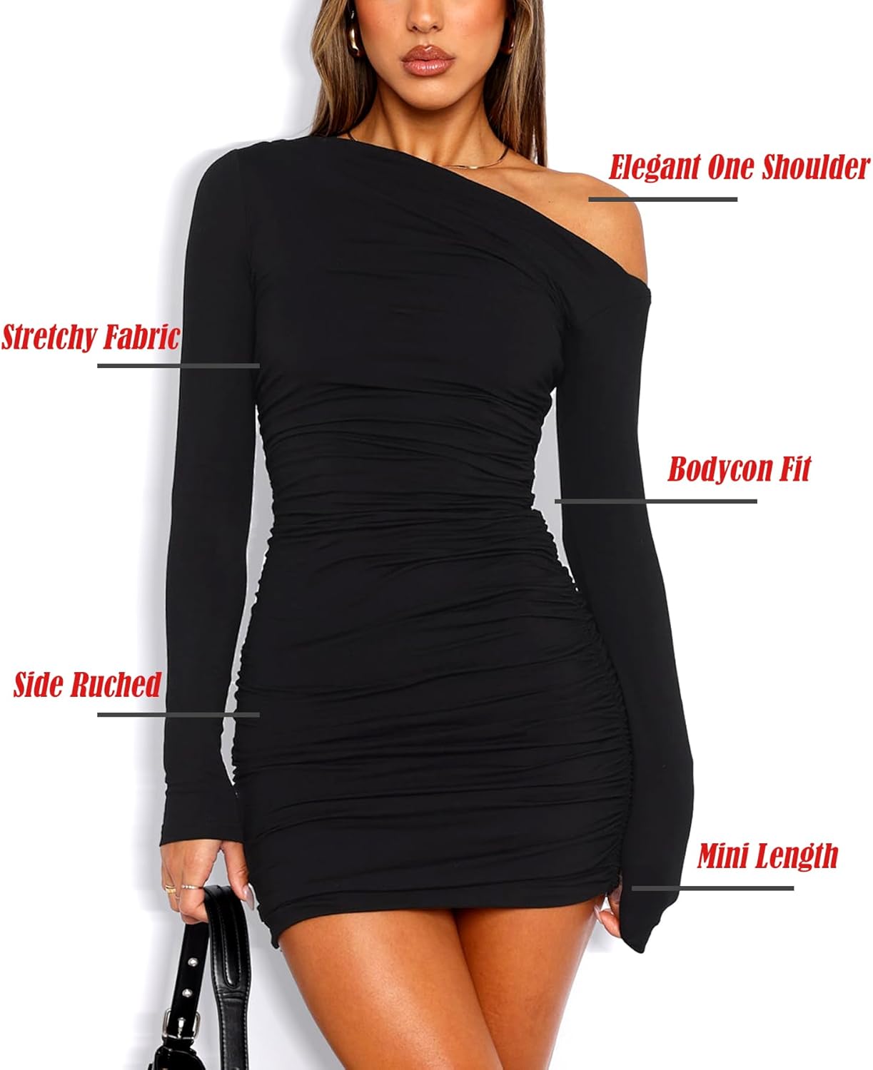 Navneet Women Off Shoulder Mini Dress Ruched Long Sleeve Bodycon Dress Sexy Party Dresses Going Out Clubbing