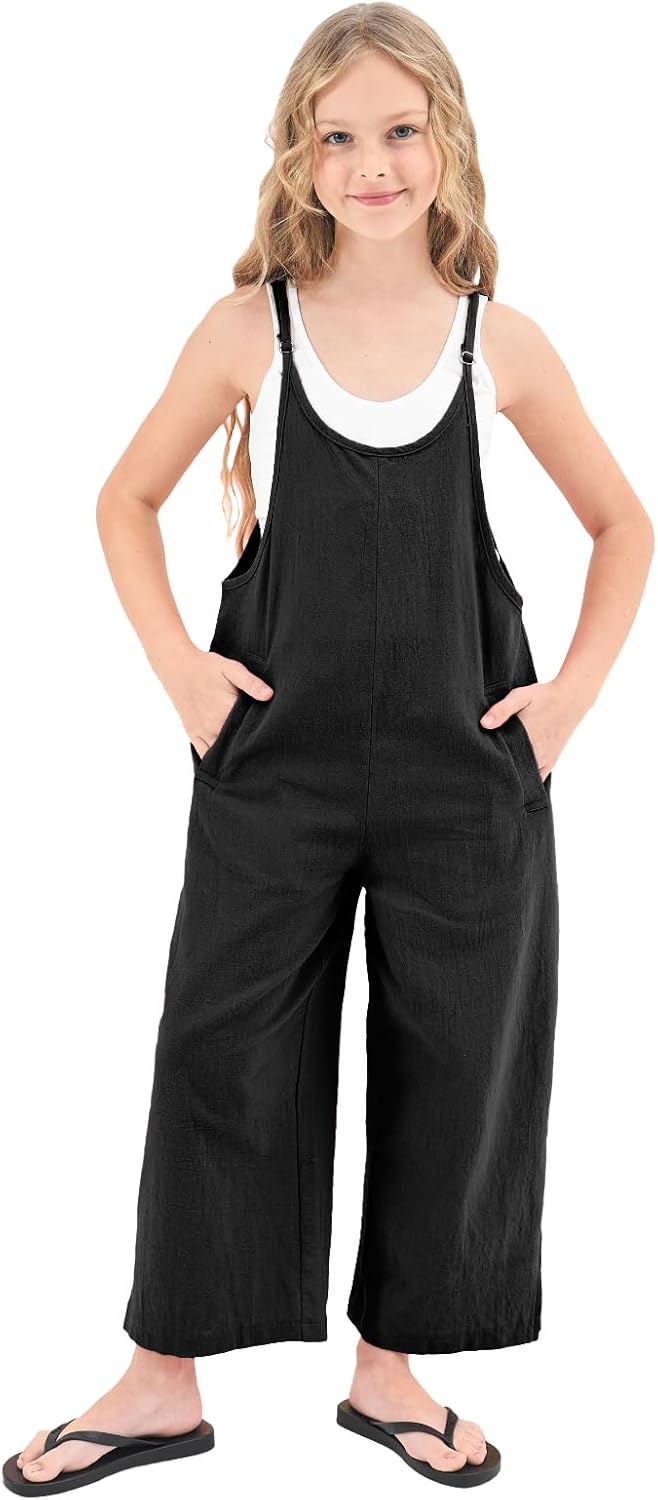 Rolanko Girls Jumpsuit Adjustable Spaghetti Strap Loose Overalls Rompers, Cotton Baggy Plain Playsuits with Pockets for Age 5-12 Years