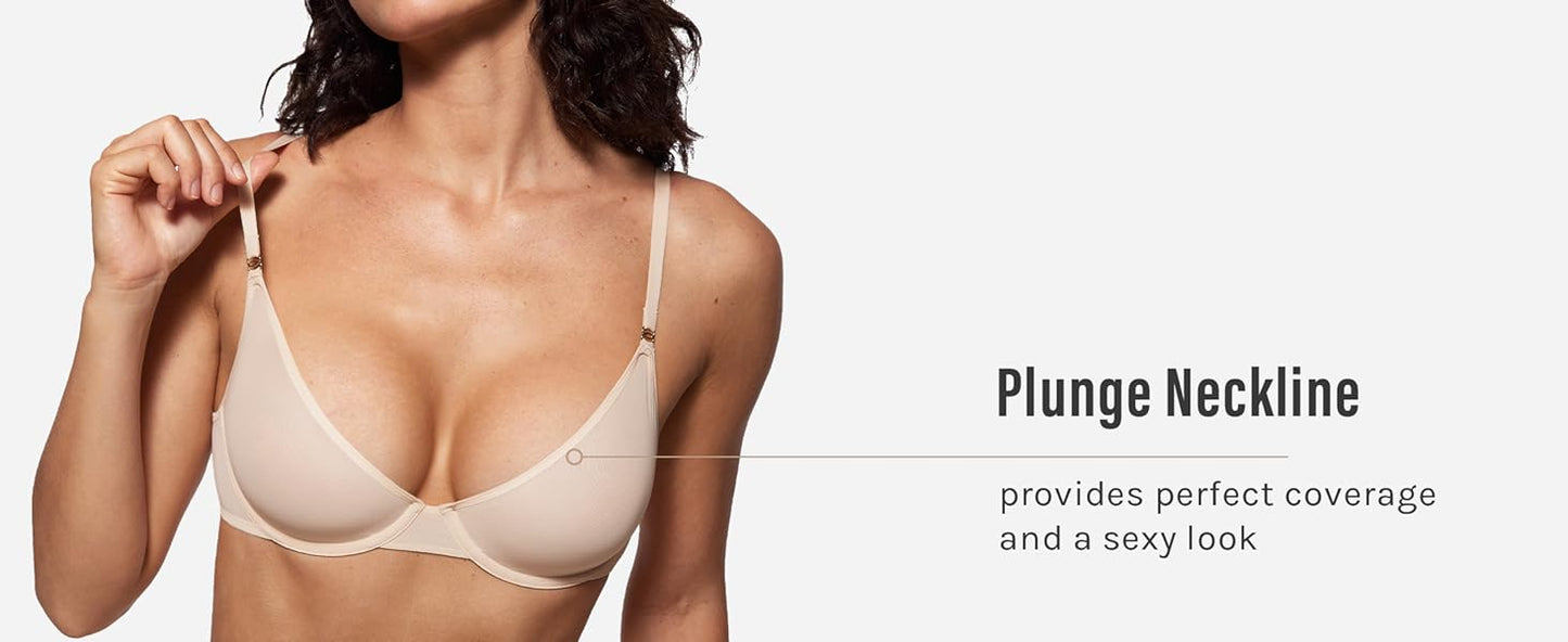 INLYRIC Women's Cosnufy Sheer Balconette Bra Demi Unlined Plunge Mesh See Through Sexy Bras Underwire