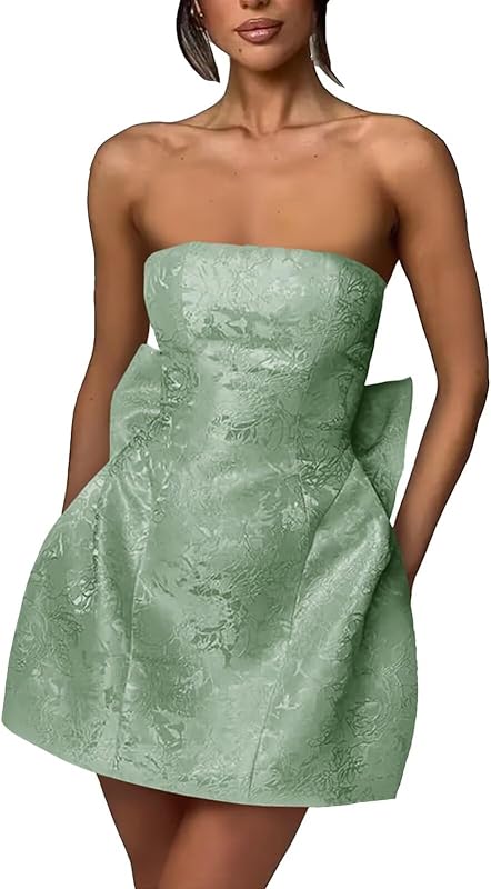 Xijun Short Jacquard Satin Homecoming Dresses for Teens Strapless Embroidery Mini Prom Cocktail Party Gown with Bow