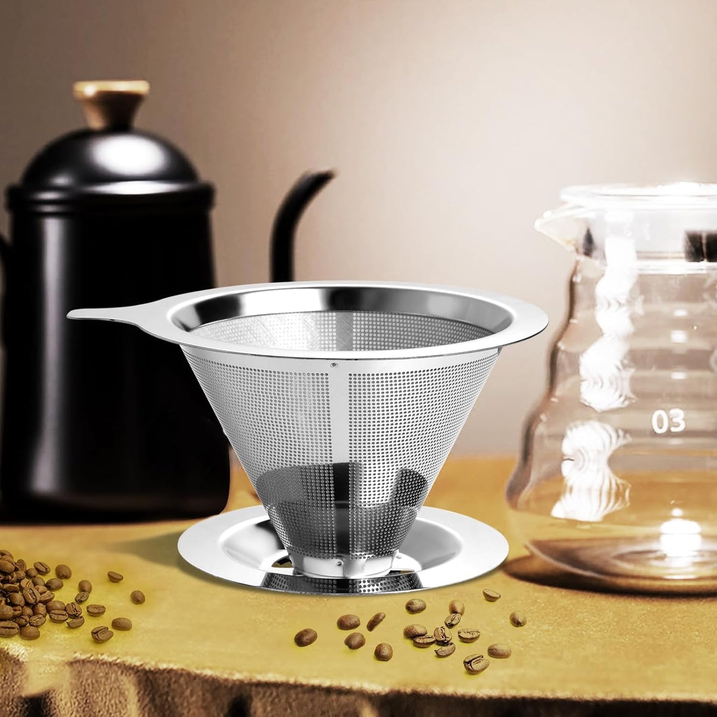 Upgraded Pour Over Coffee Filter, Coffee Dripper, Paperless Mess Stainless Steel Coffee Filter, Maker One to Two Cup Coffee, Easy to Use and Clean (Middle(1-2CUPS))