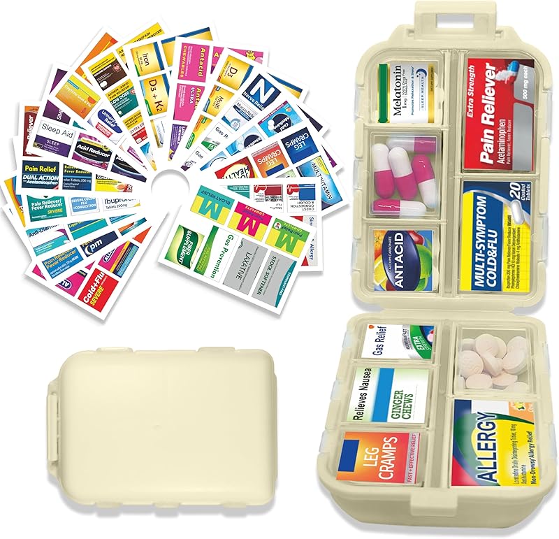 Pill Organizer with Medicine Labels 146 Labels Travel Daily Pill Container Mini Medication Organizer Storage Pill Organizer Travel Essentials Pill Case 7 Day (Purple, 1 Pack(Large))