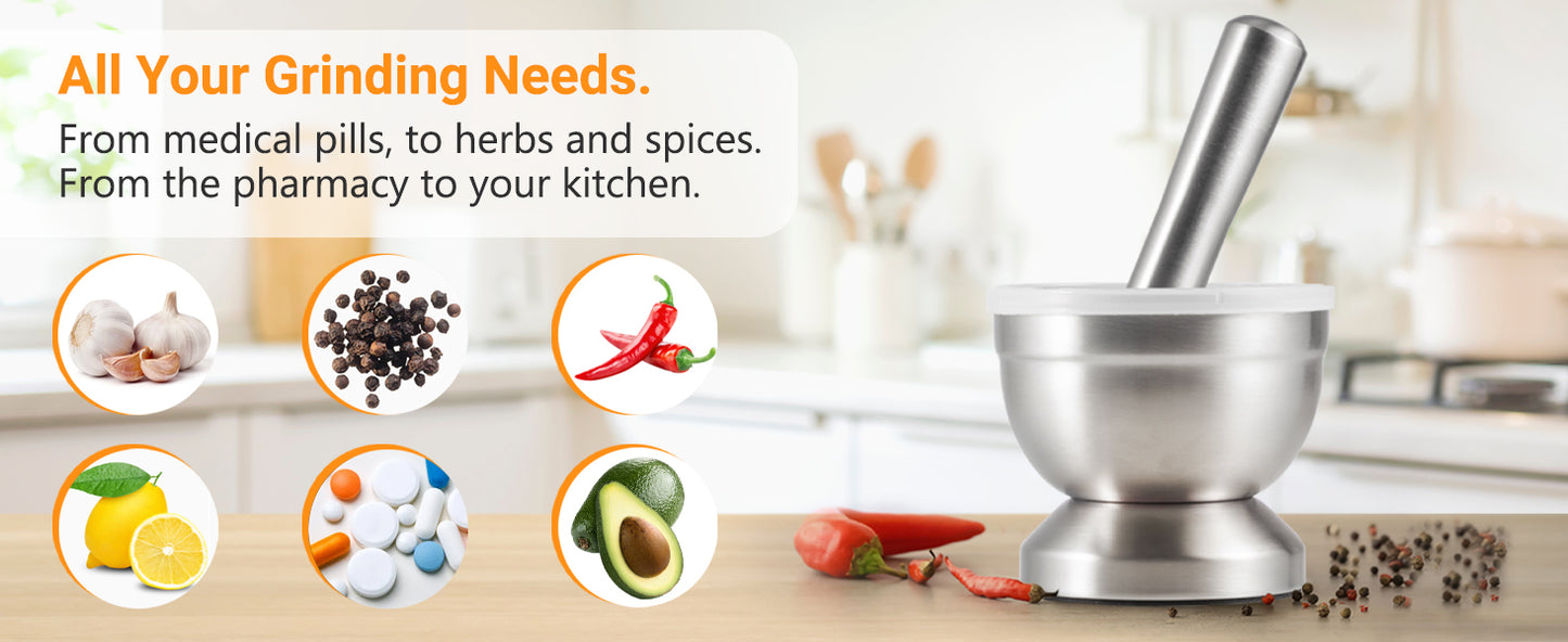 Tera 18/8 Stainless Steel Mortar and Pestle with Brush,Pill Crusher,Spice Grinder,Herb Bowl,Pesto Powder