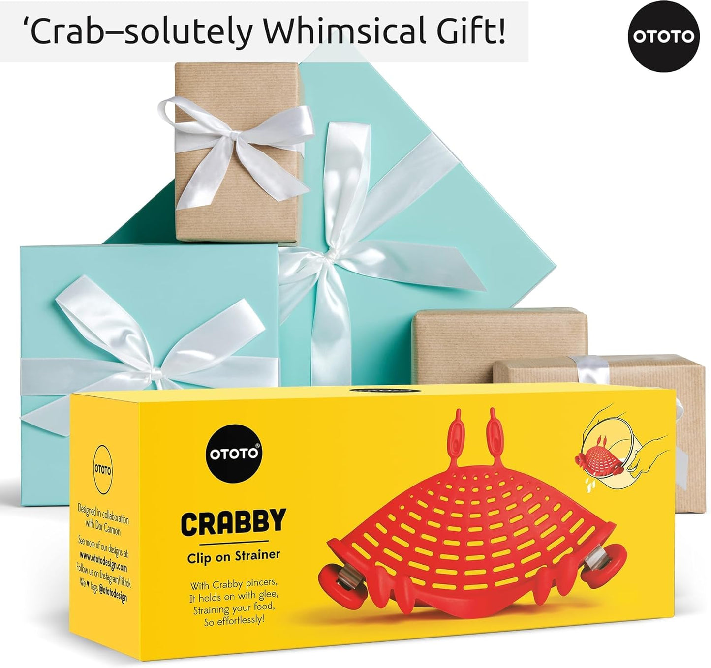 NEW Crabby Clip-On Strainer by OTOTO - Silicone and Stainless Steel Pasta Strainer, Funny Gifts, Cute Kitchen Accessories, Red Crab, Cool Kitchen Gadgets
