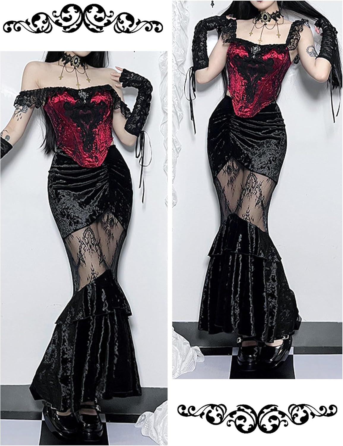 FEOYA Gothic Mini/Long Skirt for Women Sexy Pleated/Lace/Split/Fishtail Punk Skirt for Halloween/Streetwear/Party/Casual XS-XL