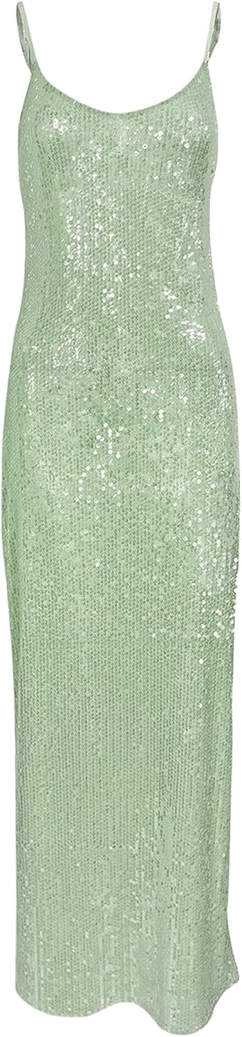 BOLLEY JOSS Women's Sequins Maxi Dress Sexy Spaghetti Strap Long Dress Sparkly Back Slit Bodycon Dresses