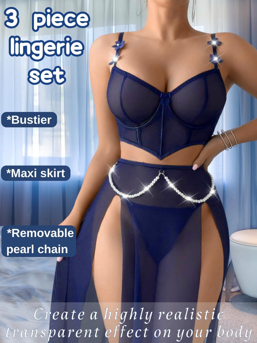 Kaei&Shi High Slit Sexy Lingerie For Women,Sheer Mesh Corset & Pearl Skirt Set,3 Piece Boudoir Outfits Exotic Dancewear