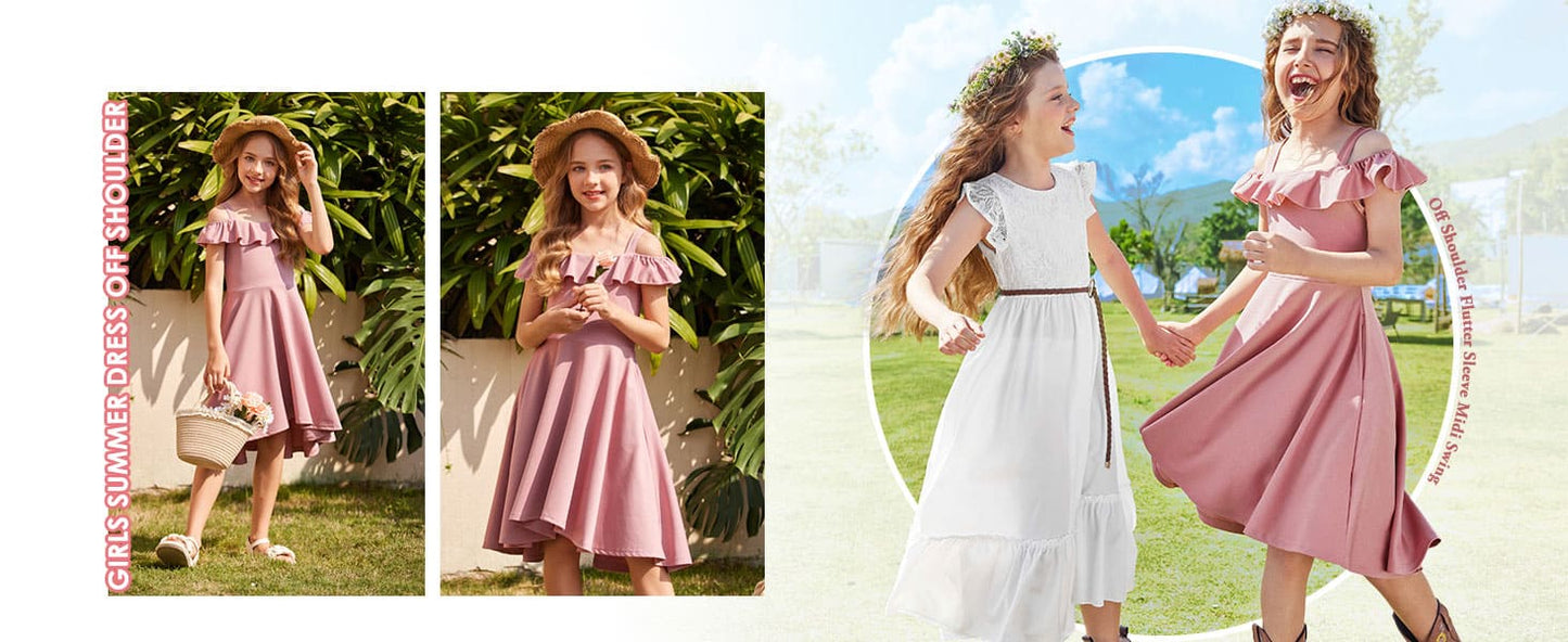 Arshiner Girls Summer Dress Off Shoulder Children's Dress Ruffle Sleeves Elegant Strap Dress Children A Line Swing Dress High Low Dress Casual Dresses with Pocket 4-13Years