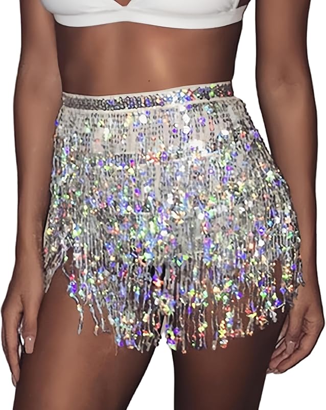 MUNAFIE Sequin Tassel Hip Scarf Sequin Tassel Skirts Rave Fringe Hip Scarf for Festival Belly Dance Skirt
