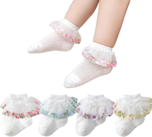 Looching Baby Infant Cute Lace Ankle Socks with Embroidered Flowers Toddler Eyelet Floral Socks 4 Pack
