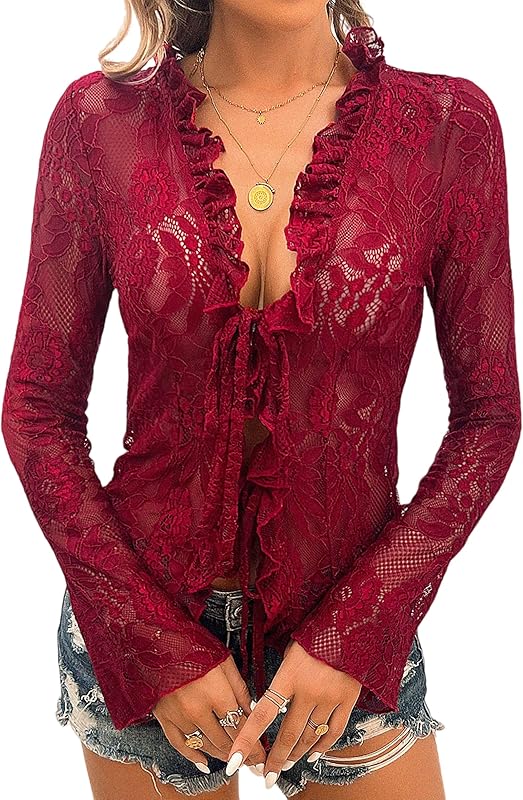 Lace Tops for Women Long Sleeve See Through Sexy Sheer Mesh Crop Top Shirt Open Front Tie Blouse Ruffle for Women