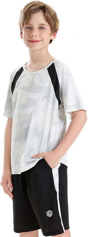Boys Active Shorts Set - Comfortable 2 Piece T-shirt & Mesh Shorts Summer Outfit for Kids (5-14)
